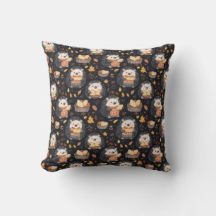 Cute Hedgehogs with Bread and Autumn Leaves Throw Pillow