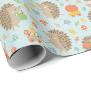 Cute Hedgehogs with Little Leaves Blue Wrapping Paper