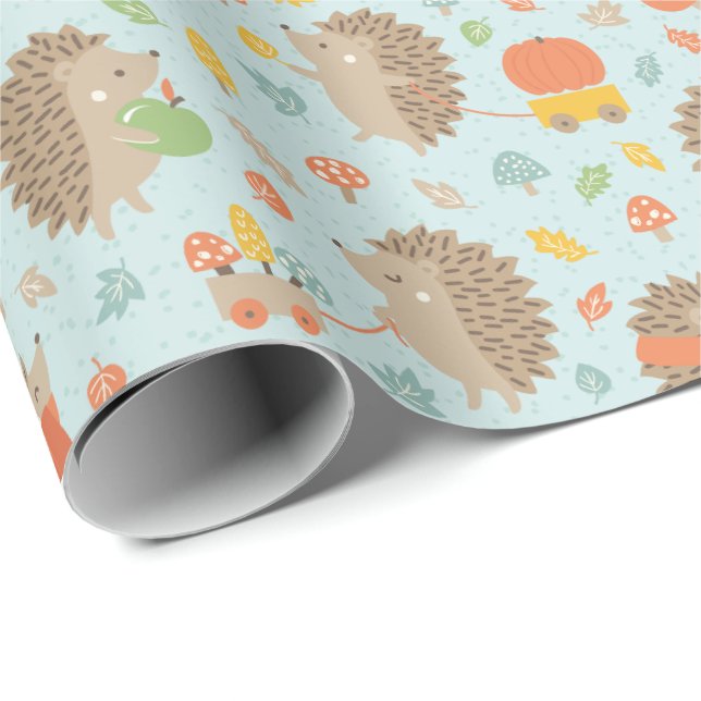 Cute Hedgehogs with Little Leaves Blue Wrapping Paper (Roll Corner)