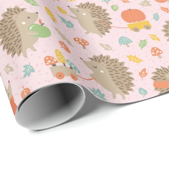 Cute Hedgehogs with Little Leaves Pink Wrapping Paper (Roll Corner)