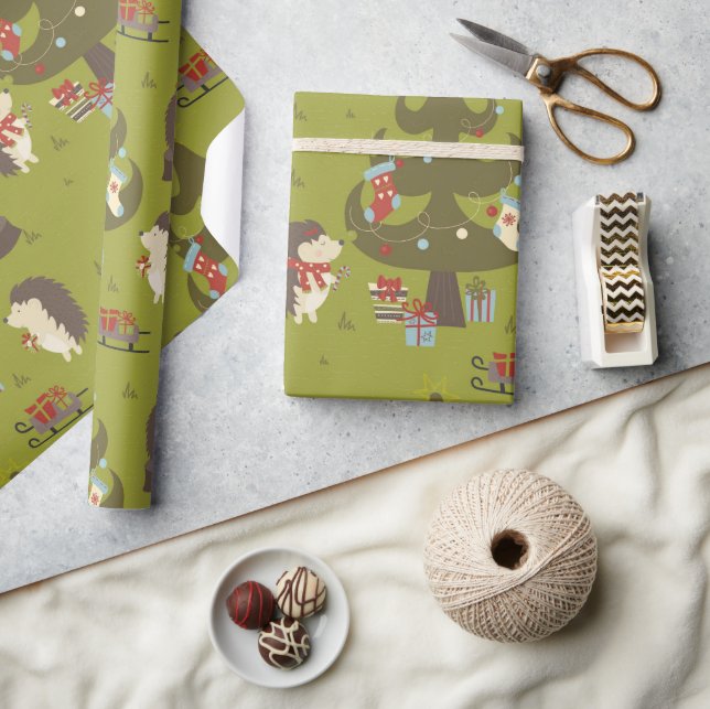 Cute Hedgehogs With Xmas Tree and Sleigh Kids Wrapping Paper (Crafts)