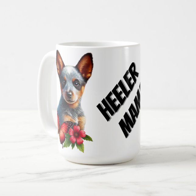 Cute Heeler Puppy With Butterfly and Flower  Coffee Mug (Front Left)