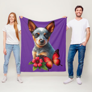 Cute Heeler Puppy With Butterfly and Flower  Fleece Blanket