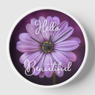 Cute Hello Beautiful Quote Lavender Daisy Flower Clock