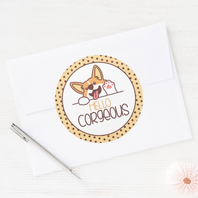 Cute Hello Corgi Dog Classic Round Sticker (Envelope)