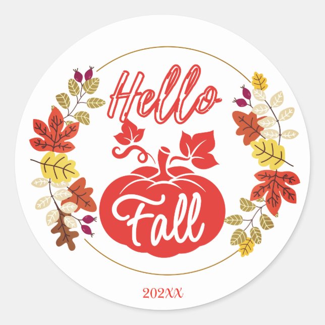 Cute Hello Fall Autumn Leaves Pumpkin Thanksgiving Classic Round Sticker (Front)