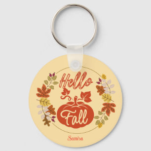 Cute Hello Fall Autumn Leaves Pumpkin Thanksgiving Keychain