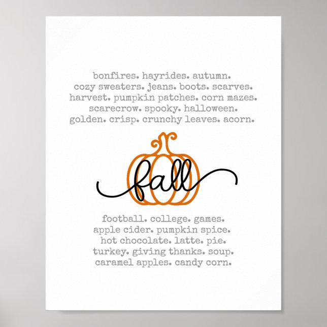 Cute Hello Fall Definition Words Pumpkin Autumn Poster (Front)