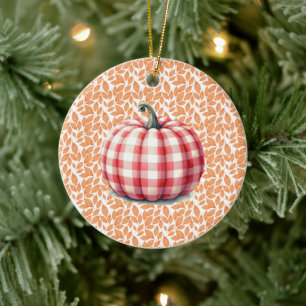 Cute hello fall plaid pumpkin ceramic ornament
