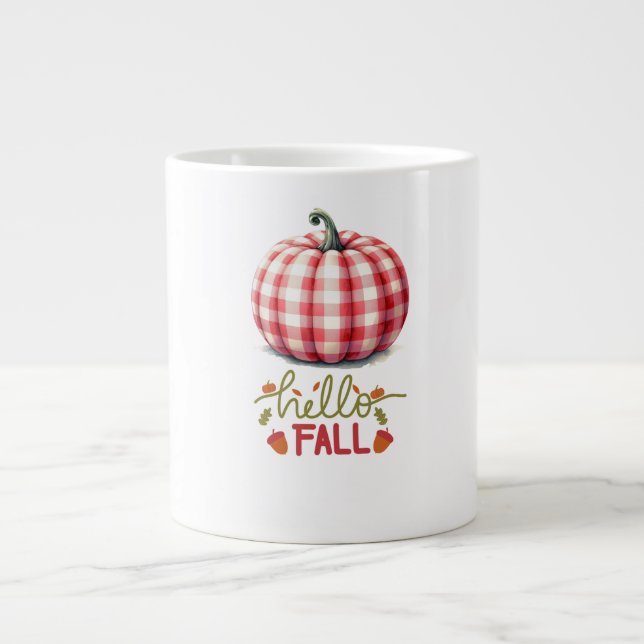 Cute hello fall plaid pumpkin large coffee mug (Front)