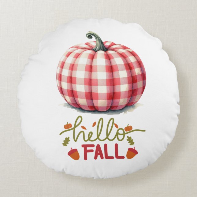 Cute hello fall plaid pumpkin round pillow (Front)
