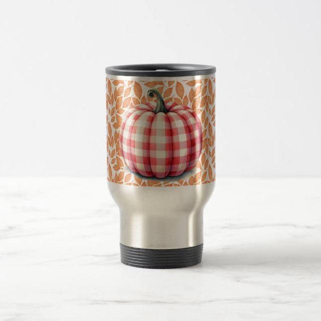 Cute hello fall plaid pumpkin travel mug (Center)