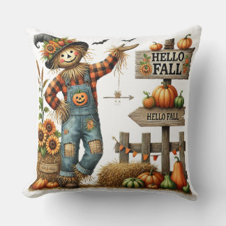 Cute "Hello Fall" Scarecrow Throw Pillow