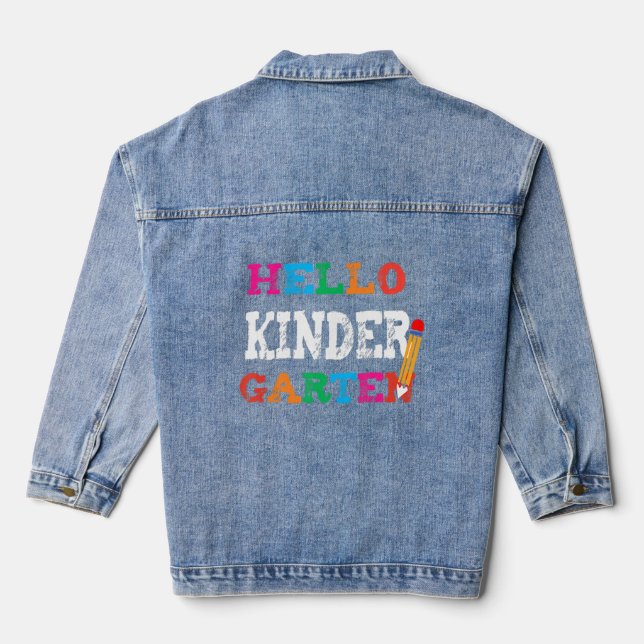 Cute Hello First Day Of Kindergarten Teacher Back  Denim Jacket (Back)