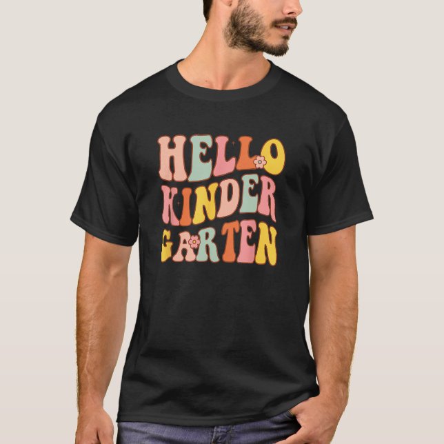 Cute Hello Kindergarten Groovy First Day Of School T-Shirt (Front)