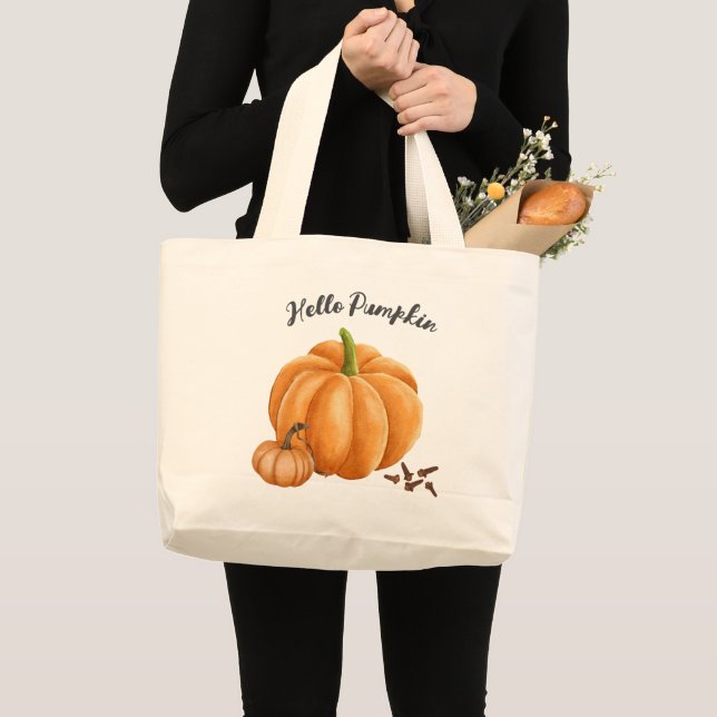 Cute Hello Pumpkin Spice Cozy Fall Large Tote Bag (Front (Product))