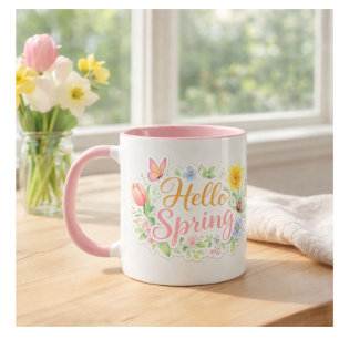 Cute Hello Spring Floral Mug   Customizable