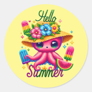 Cute hello Summer octopus Classic Round Sticker