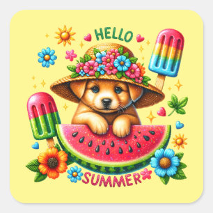 Cute hello Summer puppy  Square Sticker