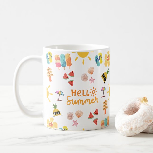 Cute Hello Summer Seamless Pattern Coffee Mug (With Donut)