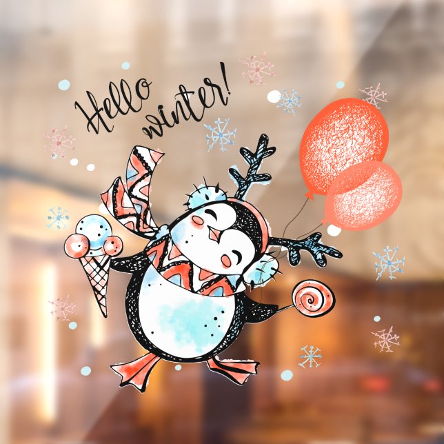 Cute Hello Winter Happy Penguin Reindeer Antlers Window Cling (Sheet 2)