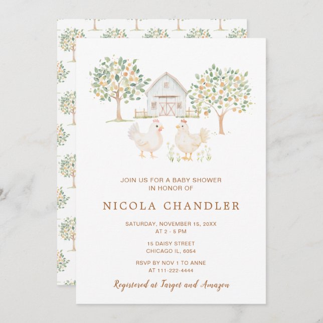 Cute Hens Farm Barn Baby Shower Invitation (Front/Back)