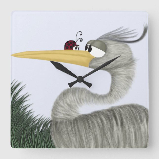 Cute Heron and Ladybug Square Wall Clock (Front)