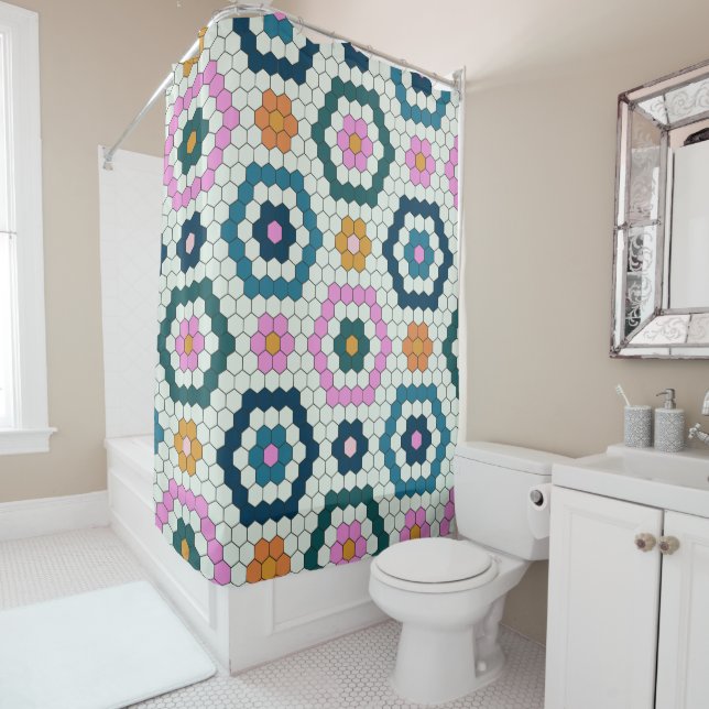 Cute Hexagon Shapes Tile Pattern Retro Teal Pink   (In Situ)