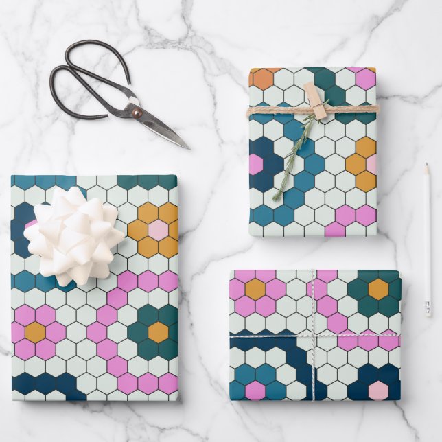 Cute Hexagon Shapes Tile Pattern Retro Teal Pink Wrapping Paper Sheet (Front)
