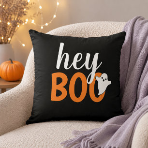 Cute Hey Boo Ghost Black and Orange Throw Pillow