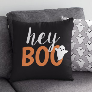 Cute Hey Boo Ghost Black and Orange Throw Pillow