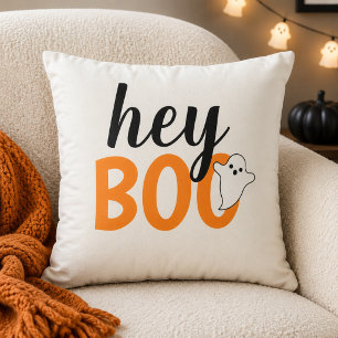 Cute Hey Boo Orange Ghost White Halloween Throw Pillow