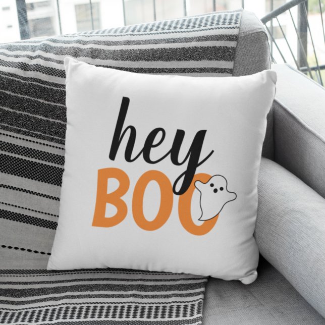 Cute Hey Boo Orange Ghost White Halloween Throw Pillow (Creator Uploaded)