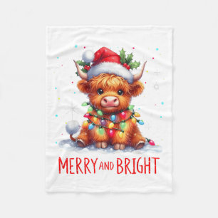 Cute Highland Baby Cow Christmas Lights Merry & Fleece Blanket