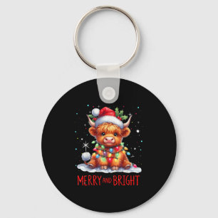 Cute Highland Baby Cow Christmas Lights Merry &amp Keychain