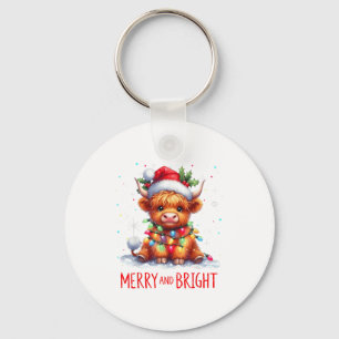 Cute Highland Baby Cow Christmas Lights Merry & Keychain