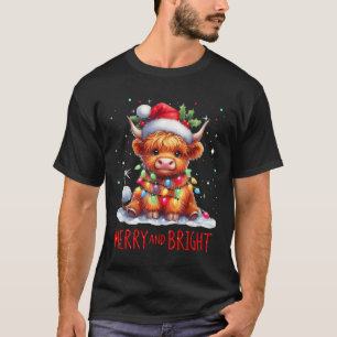 Cute Highland Baby Cow Christmas Lights Merry & T-Shirt