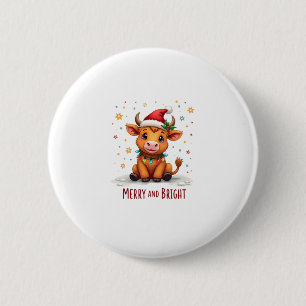Cute Highland Baby Cow Christmas Lights Merry & Br 2 Inch Round Button