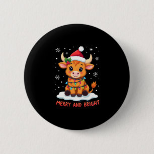 Cute Highland Baby Cow Christmas Lights Merry & Br 2 Inch Round Button