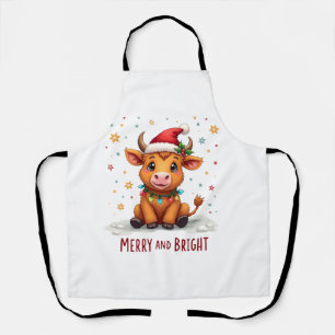 Cute Highland Baby Cow Christmas Lights Merry & Br Apron