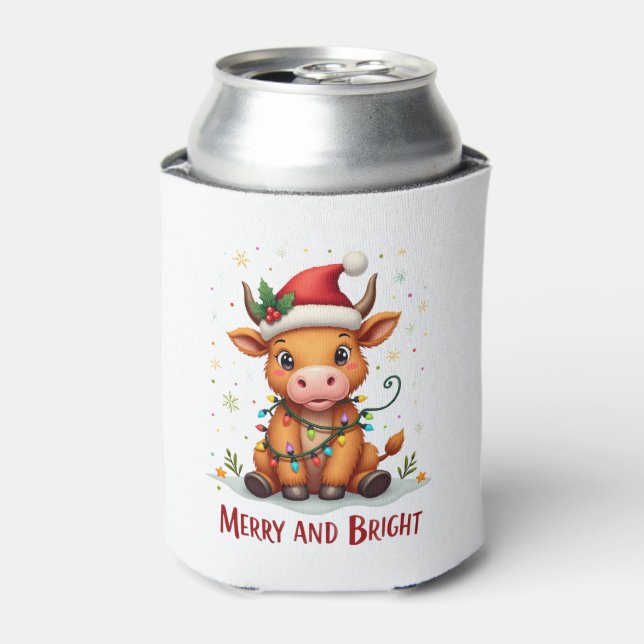 Cute Highland Baby Cow Christmas Lights Merry & Br Can Cooler (Can Front)