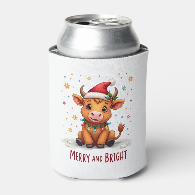 Cute Highland Baby Cow Christmas Lights Merry & Br Can Cooler (Can Front)