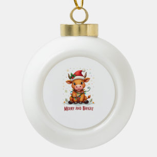 Cute Highland Baby Cow Christmas Lights Merry & Br Ceramic Ball Christmas Ornament