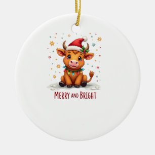 Cute Highland Baby Cow Christmas Lights Merry & Br Ceramic Ornament