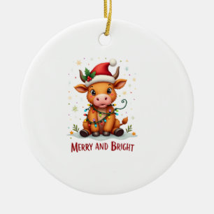 Cute Highland Baby Cow Christmas Lights Merry & Br Ceramic Ornament