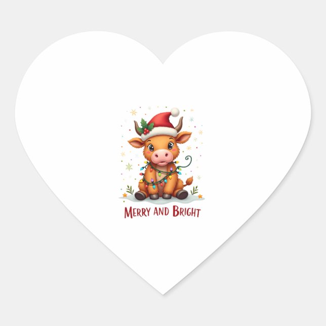 Cute Highland Baby Cow Christmas Lights Merry & Br Heart Sticker (Front)