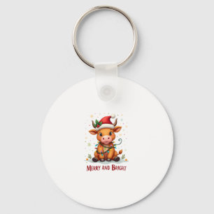 Cute Highland Baby Cow Christmas Lights Merry & Br Keychain