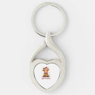 Cute Highland Baby Cow Christmas Lights Merry & Br Keychain