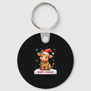 Cute Highland Baby Cow Christmas Lights Merry & Br Keychain