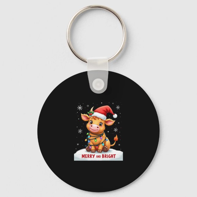 Cute Highland Baby Cow Christmas Lights Merry & Br Keychain (Front)